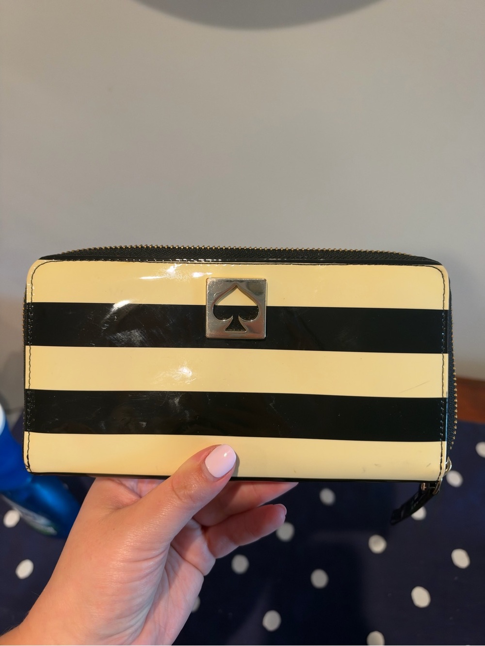 kate spade Black and Cream Striped Patent Zip Wallet